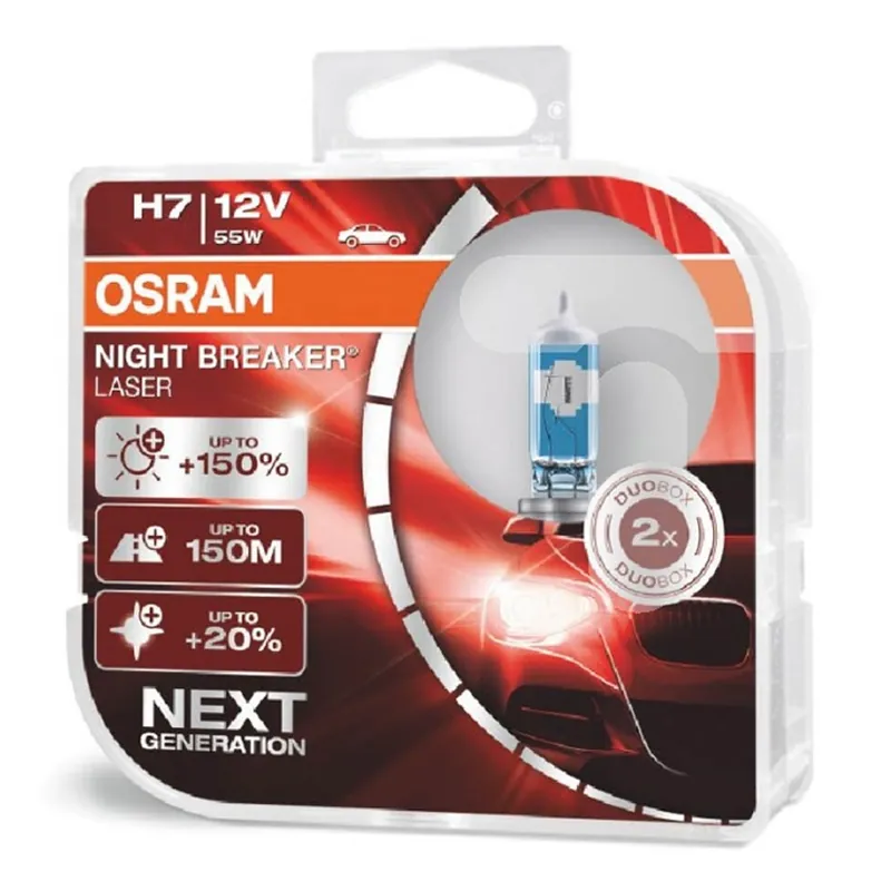 Halogeenipolttimo OSRAM H7 12V 55W PX26D Night Breaker Laser +150% 2 kpl Flash-Tarjous