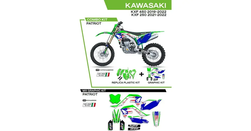 Tehdashinta UFO Plast korpusosien setti, vihreä-sininen, Kawasaki KXF 250 / 450